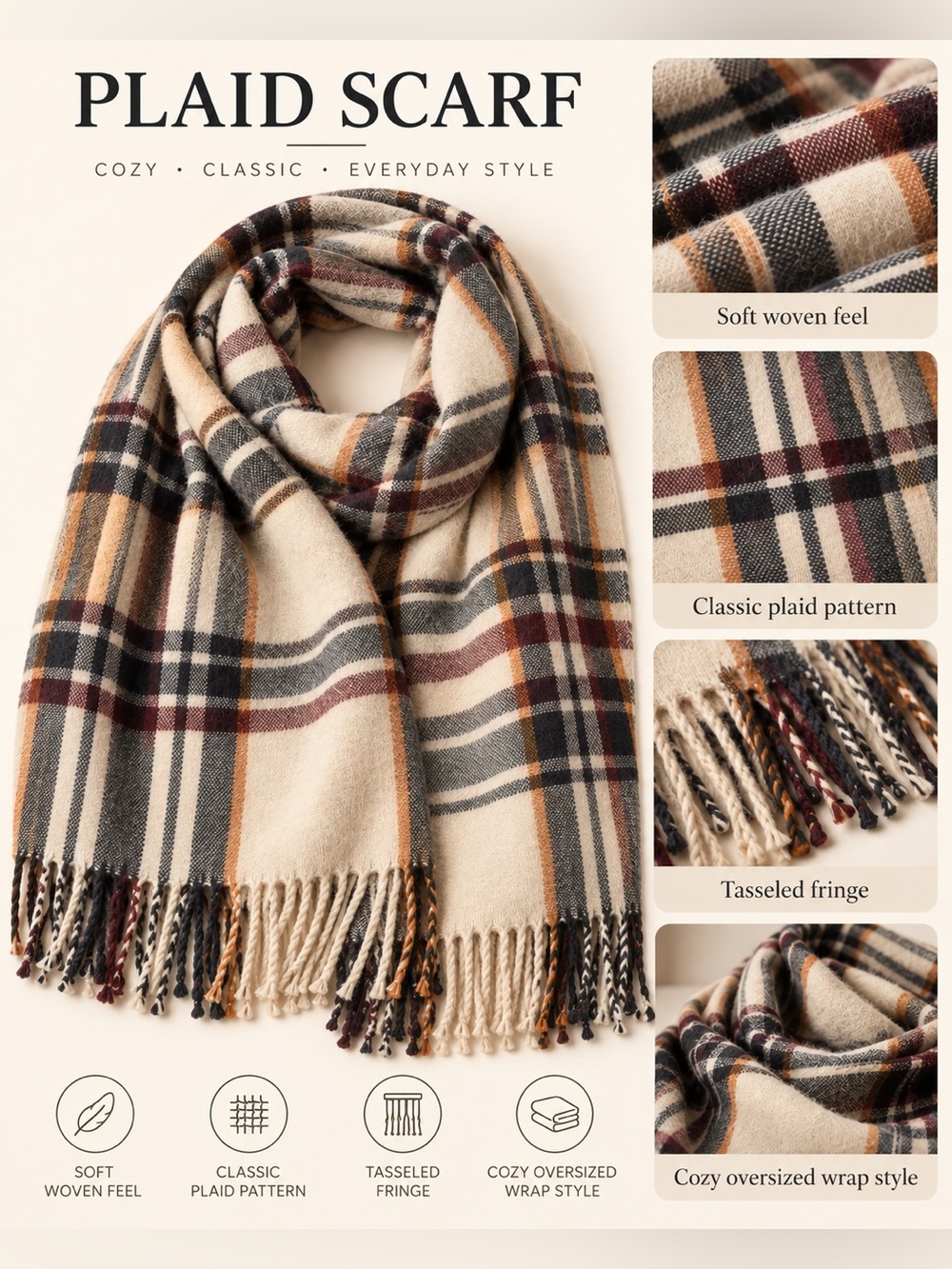 I AM PLAID OVERSIZED SCARF – CREAM/MULTICOLOR (NEW WITH TAGS) A38